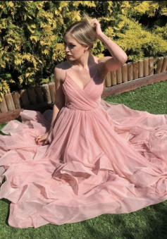 A Line V Neck Pink Chiffon Prom Dresses