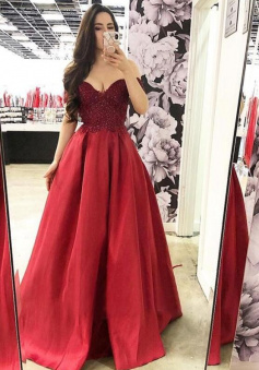 Off Shoulder Sweetheart Appliques Red Long Stain Evening Dresses