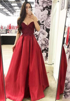 Off Shoulder Sweetheart Appliques Red Long Stain Evening Dresses