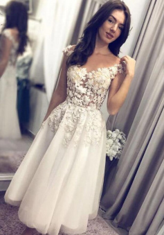 A Line tulle lace tea length prom dress