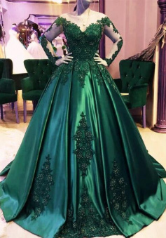 Dark green ball gown a line stain prom dress