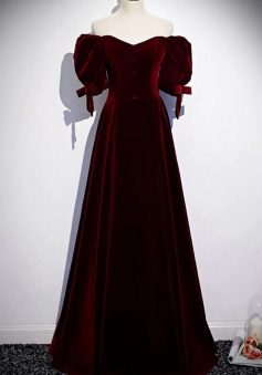 A Line Burgundy Velvet Prom Dress