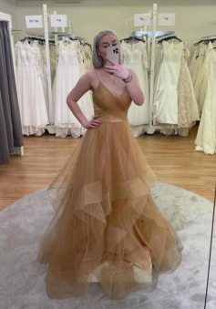 Gold v neck tulle long prom evening dresses