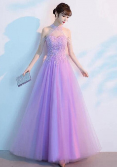Floor Length A-Line Purple Tulle Beaded Prom Dress