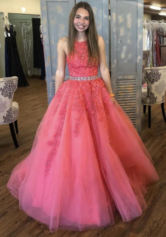 A line Red lace long prom dress