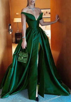 Off Shoulder Elegant Satin A Line Formal Split Prom Dress