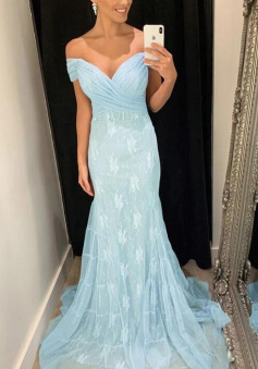 light blue mermaid off shoulder lace prom dresses