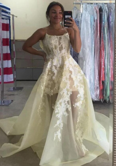 A line Yellow lace long prom dress evening dress