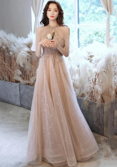 A LIne CHAMPAGNE TULLE SEQUINS LONG A LINE PROM DRESS