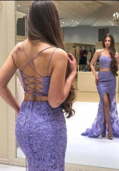 Elegant Two Pieces Lilac Lace Slit Prom Dresses