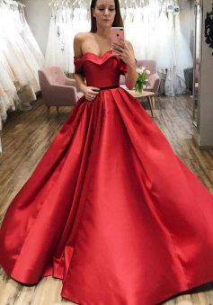 Off the Shoulder V Neck Red Ball Gown Satin Prom Dresses