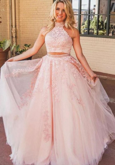 High Neck Two Piece Open Back Pink Long Prom Dress With Lace Appliques