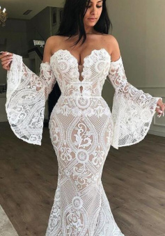Sexy Lace Long Prom Dress with Bell Sleeve