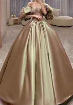 Off Shoulder ball gown satin puffy sleeves evening dress