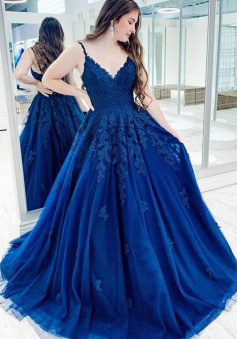 A Line V-neck Long Prom Dresses with LaceAppliques