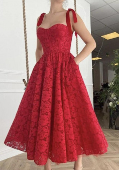 Cute Sweetheart Tea Length Red Lace Prom Dress