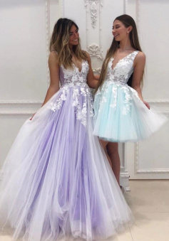 A Line V Neck Lace Tulle Prom Dress