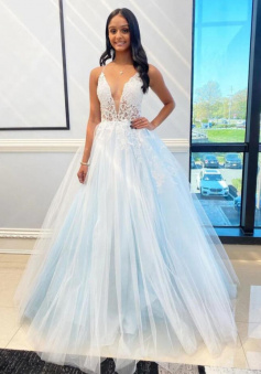 LIGHT BLUE TULLE LACE LONG TULLE FORMAL DRESS