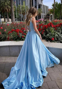 Mermaid Backless Blue Stain Prom Dresses