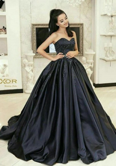 Ball Gown Black satin Long Prom Dress