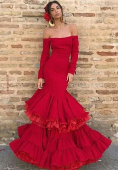 Off the Shoulder Long Sleeve Red Prom Dresses