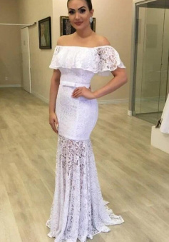 Off-the-shoulder White Lace Prom Dress