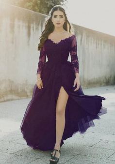 A LIne purple tulle prom dress with long sleeves