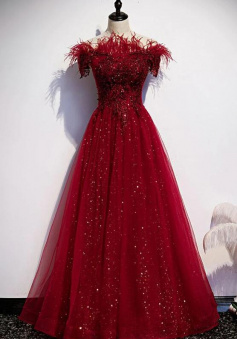 A Line Burgundy Tulle Sequins Long Evening Dress