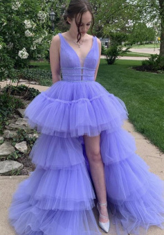 A line Purple v neck tulle long prom dress