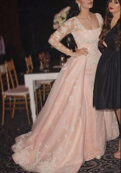 A Line Scoop Appliques Prom Dress With Long Sleeves
