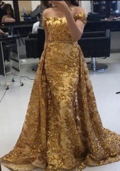 Off The Shoulder Lace Sequins Prom Dresses