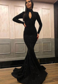 Mermaid Long Sleeves Black Sequins Long Prom Dresses