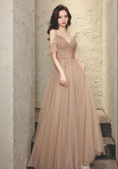 A LineTulle Beaded V-neckline Long Prom Dress