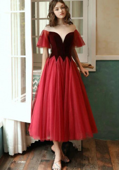 Tea Length Burgundy Tulle Velvet Prom Dress