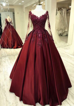 A Line Burgundy long sleeves prom Dress