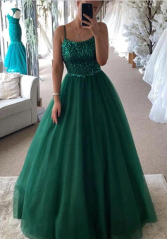 Simple GREEN TULLE SEQUINS LONG A LINE PROM DRESS