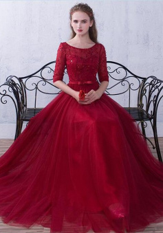 Wine Red A-Line Short Sleeves Beaded Tulle Prom Dress