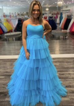 Floor Length Blue tulle long A line prom dress