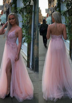 Spaghetti Straps Long Tulle Prom Dresses With Beading