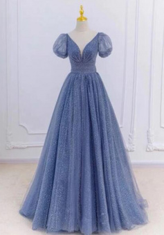 A Line Dusty blue parkles princess prom dress with sleeves