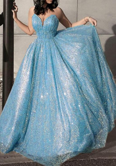 Glitter blue sparkly formal long v neck open back dresses