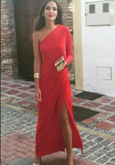 One Shoulder Floor length Red Prom Dress With Split