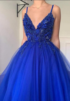 A Line V Neck Long Tulle Royal Blue Prom Dresses
