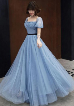 Elegant Blue Tulle Long Evening Dress