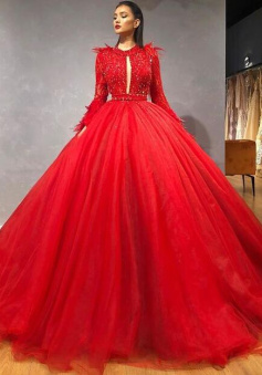 Ball Gown red tulle formal prom gown