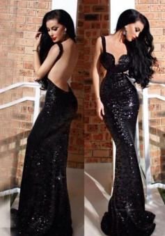 Straps Backless Black Sequin prom dress