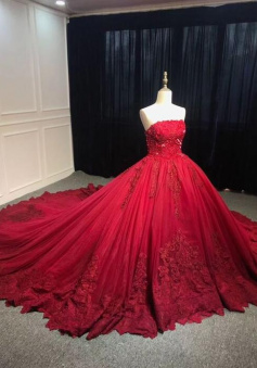 Strapless dark red ball gown lace appliques prom dresses