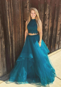 A Line Green two pieces lace tulle long prom dress