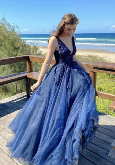 A line Blue v neck tulle lace long prom dress