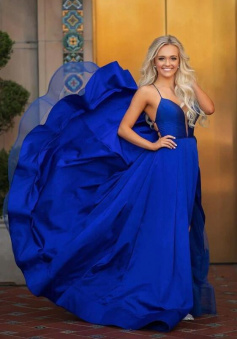 Spaghetti straps royal blue long prom dress